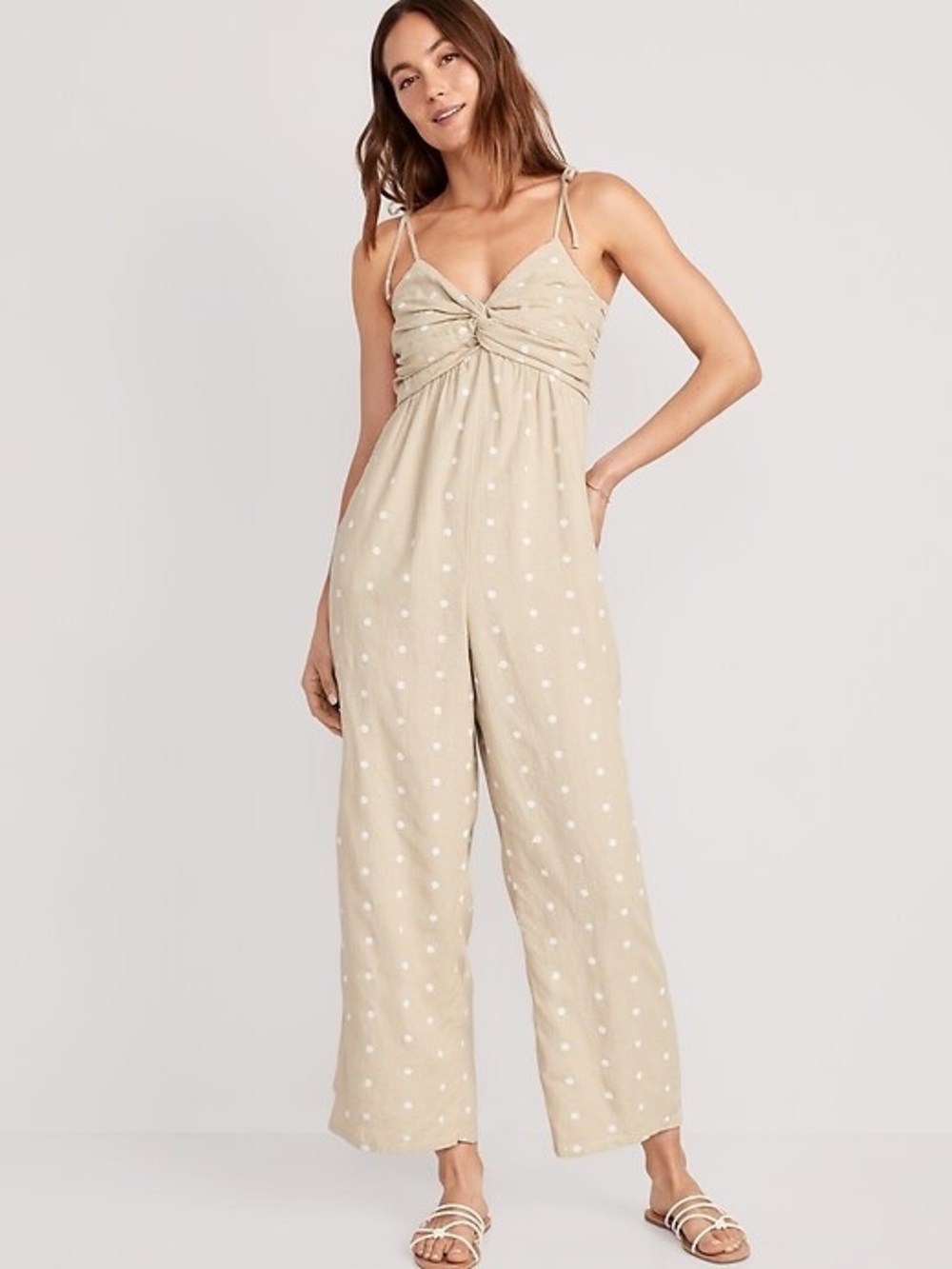 ON | tie shoulder cropped twist front smocked jumpsuit | size large